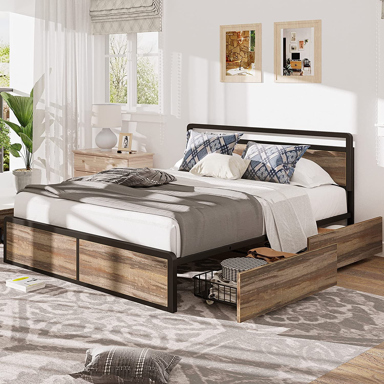 LIKIMIO Queen Storage Bed Frame, Adjustable Headboard/4 Drawers/Sturdy/No Noise/Easy Assembly