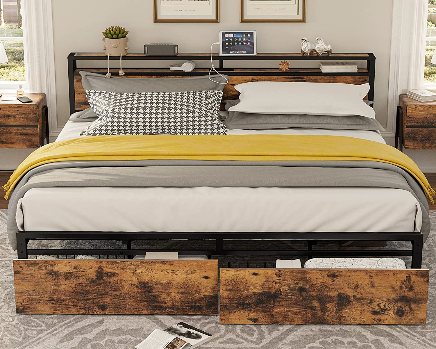 Vintage Brown Queen Platform Bed with Storage Drawers and Metal Frame