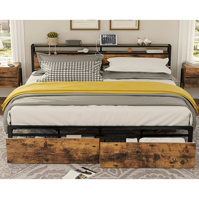 LIKIMIO Queen Bed Frame with Storage Drawers, Metal Supports, Charging Station in Vintage Brown