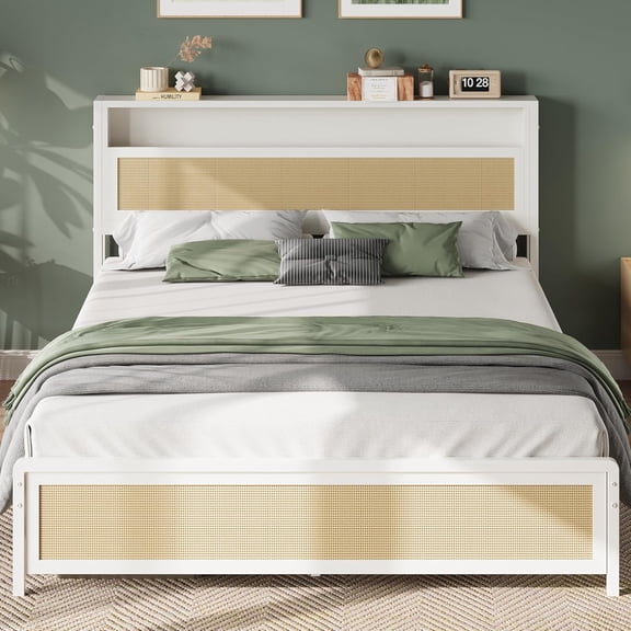 LIKIMIO Rattan Queen Bed Frame with Storage Headboard, Modern Rattan Bed Frame Queen Size with Strong Metal Slat, Noise Free, No Box Spring Needed, Easy Assembly, White