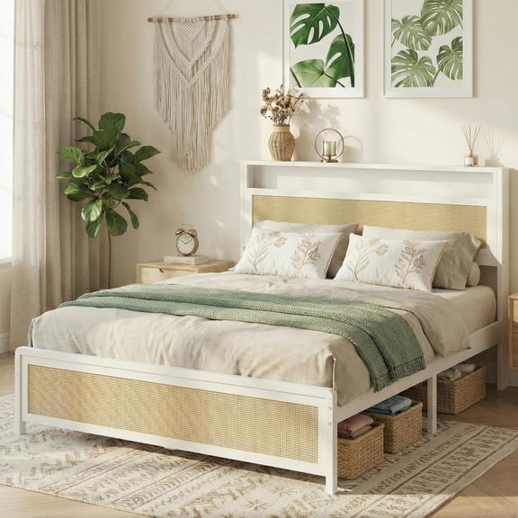 MUERE Rattan Queen Bed Frame with Storage Headboard, Modern Rattan Bed Frame Queen Size with Strong Metal Slat, Noise Free, No Box Spring Needed, Easy Assembly, White