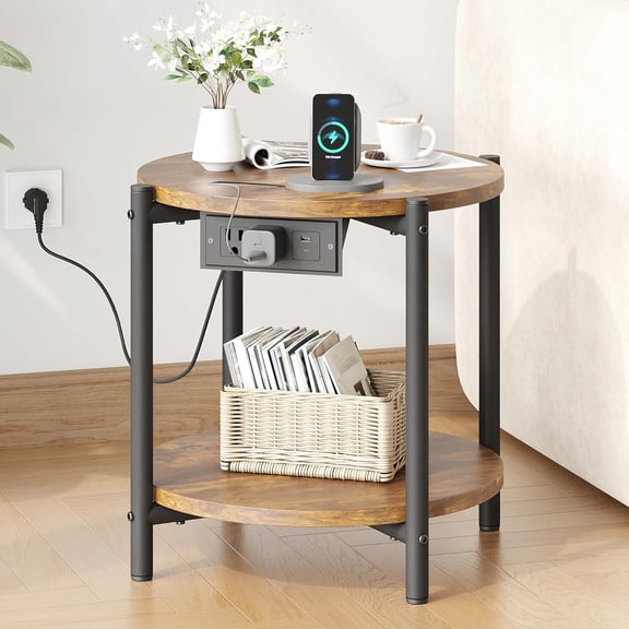 LIKIMIO Round End Tables, 16" W Small Round Side Tables with Charging Station, 2-Tier Modern Nightstands for Small Spaces, Living Room, Bedroom, Rustic Brown