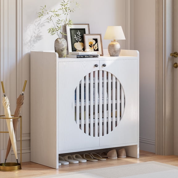 LIKIMIO 4-Tier Shoe Storage Cabinet with 2 Doors, Freestanding Shoe Rack Organizer with Adjustable Shelves for Entryway, White