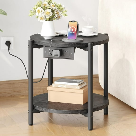 LIKIMIO Small Round Side Table with Charging Station, 2-Tier End Table with Lower Shelf, 15.8" W Modern Wooden Nightstand for Small Spaces, Living Room, Bedroom, Black