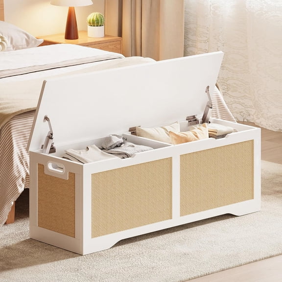 LIKIMIO Storage Chest, 47.2" Extra Large Rattan Bench with 2 Safety Hinges & Flip-Top, End of Bed Lid Ottoman Trunk Toy Box for Entryway, Living Room, Bedroom, Easy Assembly, White