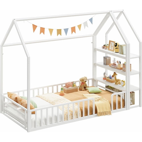 LIKIMIO Twin Bed Frame, Metal House Floor Bed Frame with Storage, Fence Guardrails, No Box Spring Needed, Space Saving for Bedroom and Dorm, Easy Assembly, White
