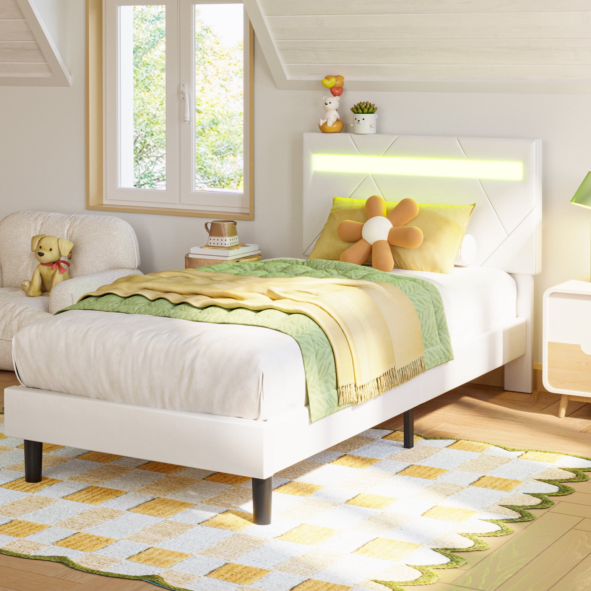 LIKIMIO Twin Bed Frame with Adjustable Upholstered Headboard and LED