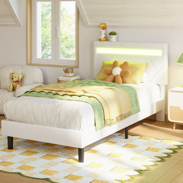 LIKIMIO Twin Bed Frame with Adjustable Upholstered Headboard and LED Lights, No Box Spring