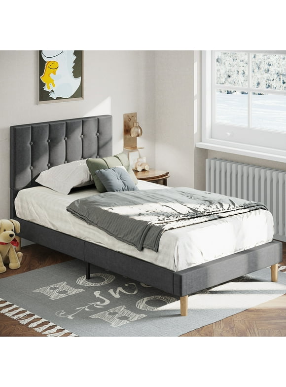 LIKIMIO Twin Bed Frame with Upholstered Headboard, No Box Spring Needed, Grey