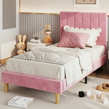 LIKIMIO Twin Bed Frame with Upholstered Headboard, No Box Spring Needed, Pink