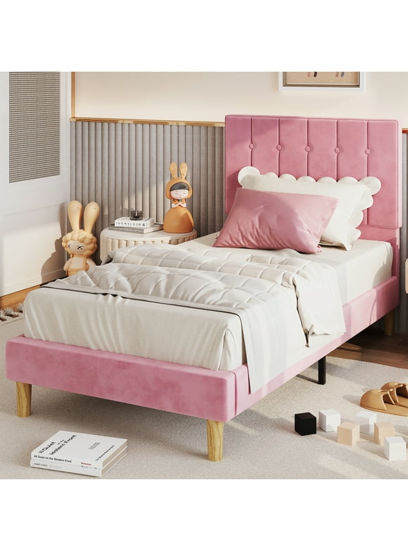 LIKIMIO Twin Bed Frame with Upholstered Headboard, No Box Spring Needed, Pink