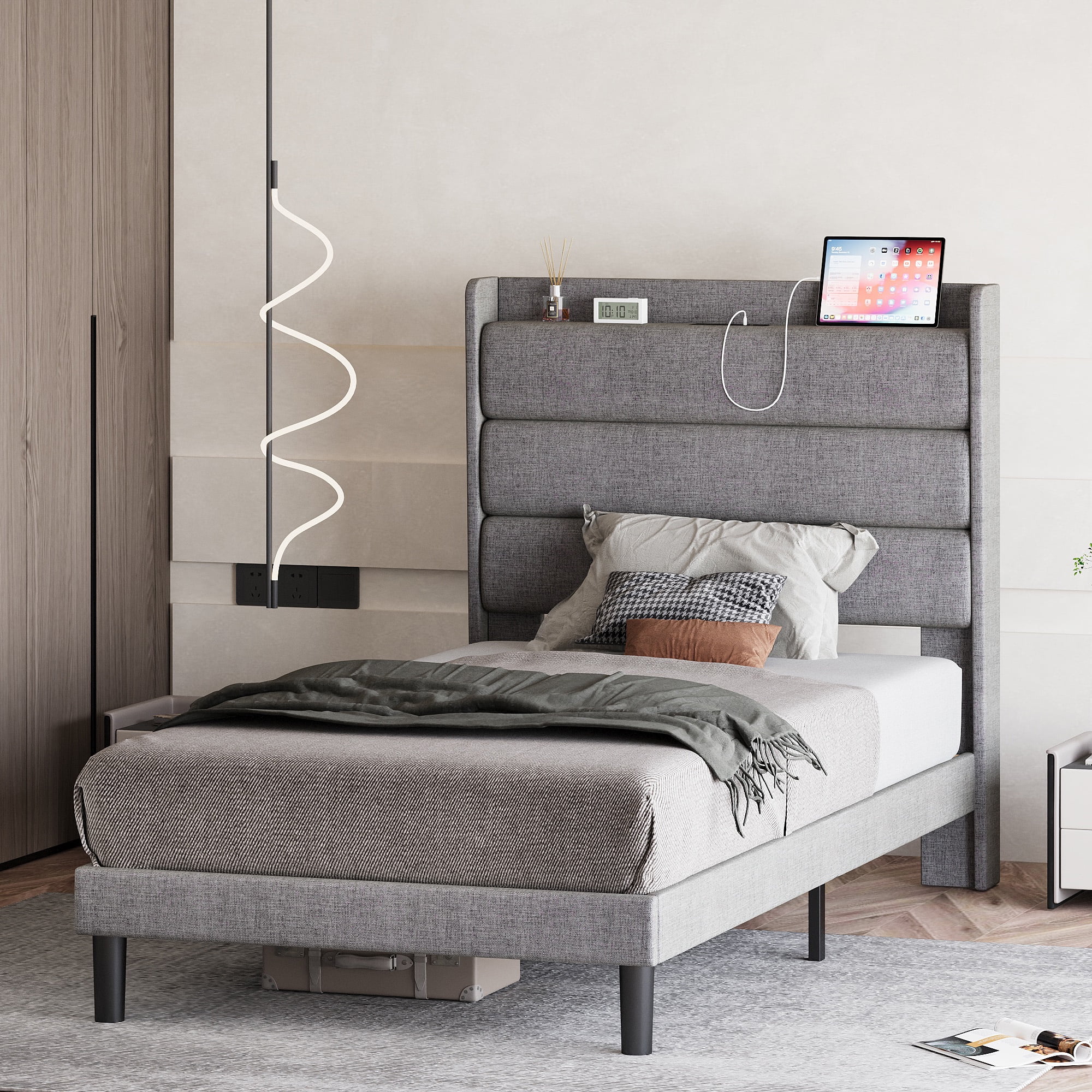 LIKIMIO Twin Bed Frames, Storage Headboard with Outlets, No Box Springs