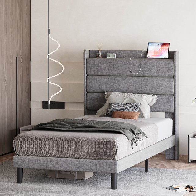 LIKIMIO Twin Bed Frames, Storage Headboard with Outlets, No Box Springs