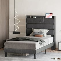 LIKIMIO Twin Bed Frames, Storage Upholstered Headboard with Outlets, No Box Springs, Dark Gray