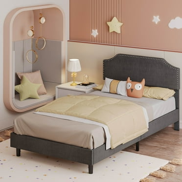 LIKIMIO Twin Bed Frames with Adjustable Headboard, Upholstered Platform Bed Frame, No Box Spring Needed, Grey