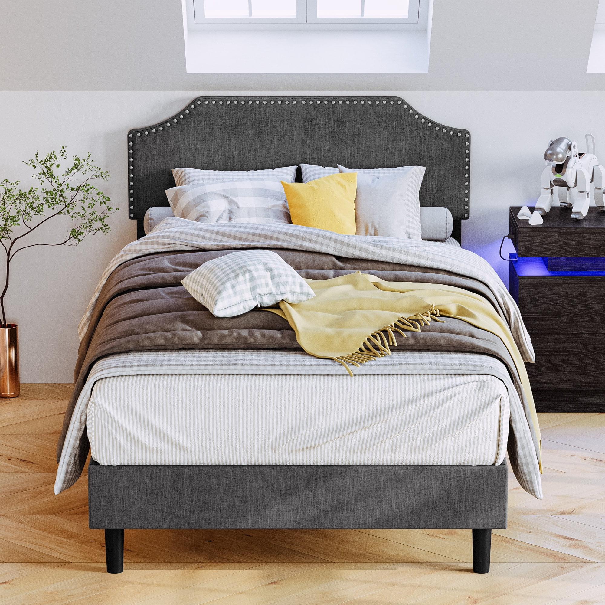 LIKIMIO Twin Bed Frames With Adjustable Headboard, Upholstered Platform ...