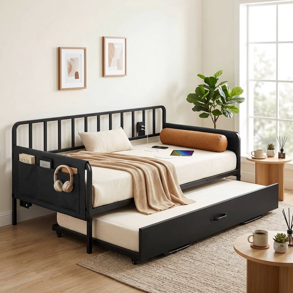 LIKIMIO Twin Daybed with Trundle, Charging Station, LED Lights & Storage Bags, Sturdy Metal Sofa Bed for Bedroom/Guest Room