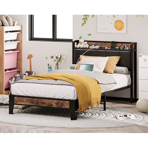 LIKIMIO Twin Metal Bed Frame with Storage Headboard, Retro Black