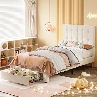 LIKIMIO Twin Platform Bed Frame with Storage Drawer and Velvet Upholstered Headboard, Beige