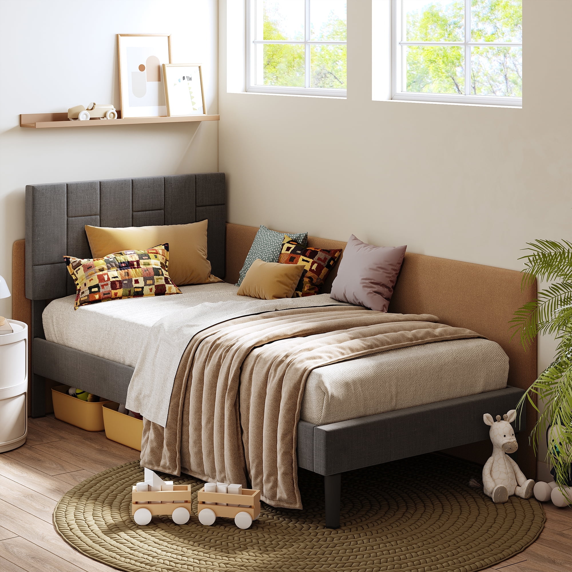 LIKIMIO Twin Platform Bed Frame With Upholstered Headboard And Wood ...