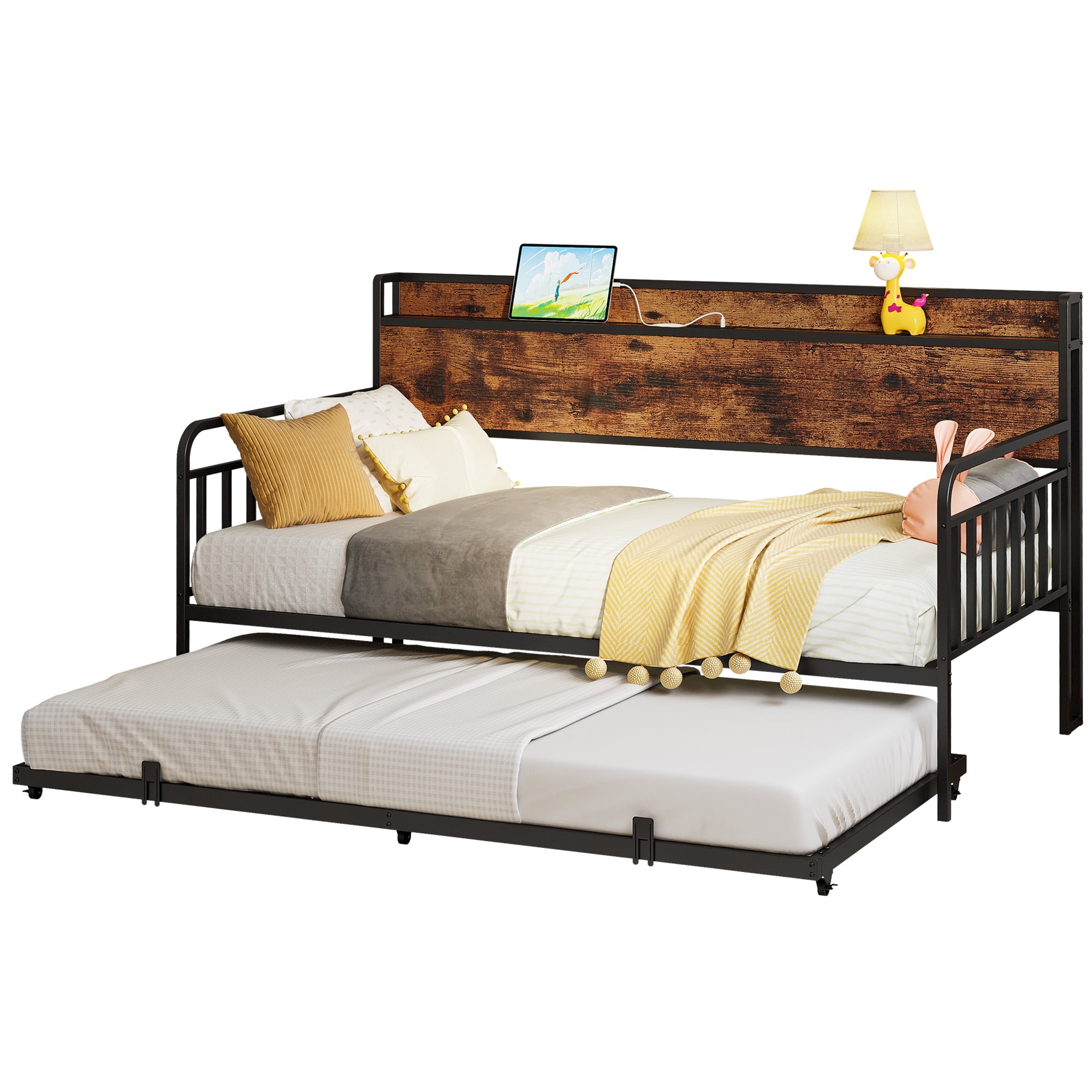 LIKIMIO Daybed with Trundle, Twin Day Bed Frame with Storage Headboard and Charging Station, Sturdy Metal Sofa Bed Frame for Living Room/Bedroom/Guest Room