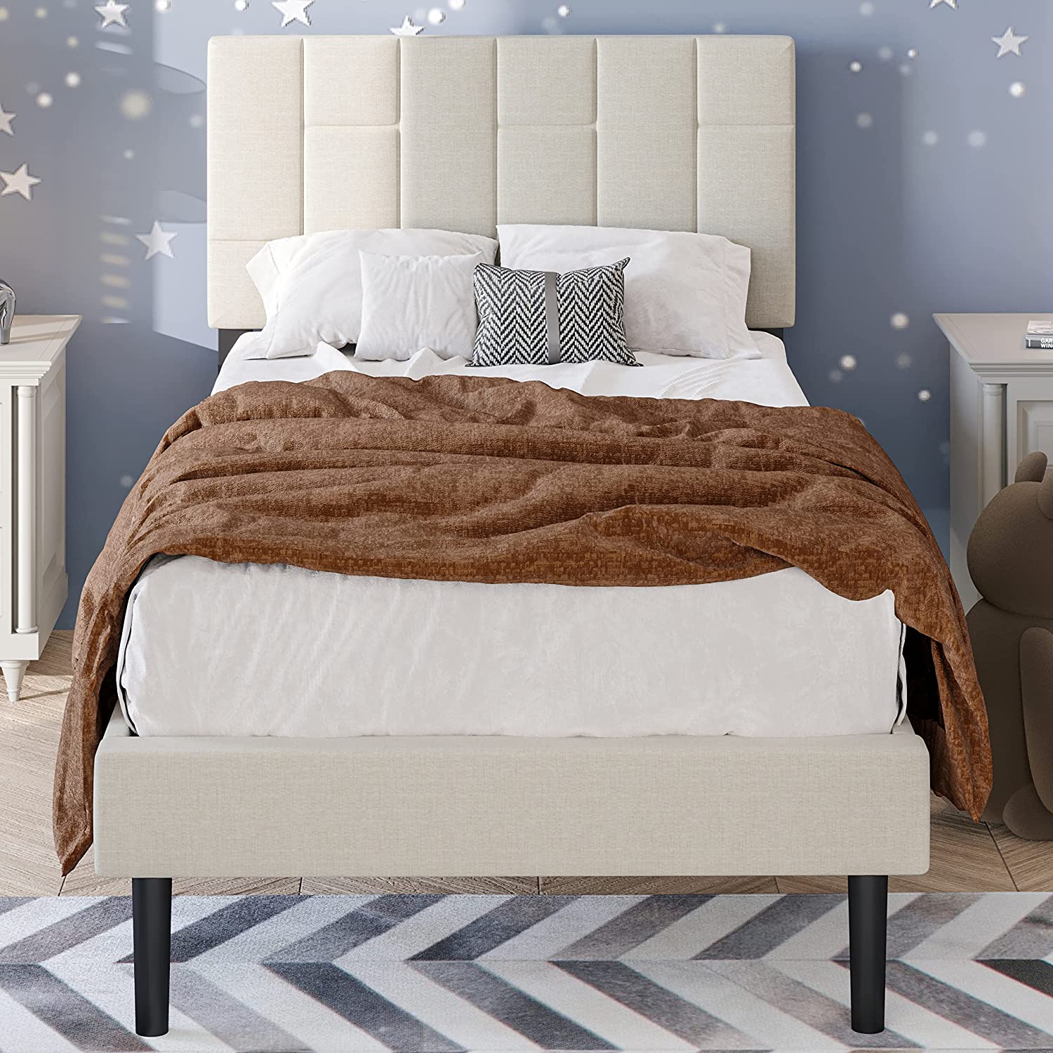 LIKIMIO Twin Upholstered Platform Bed Frame with Headboard and Wood