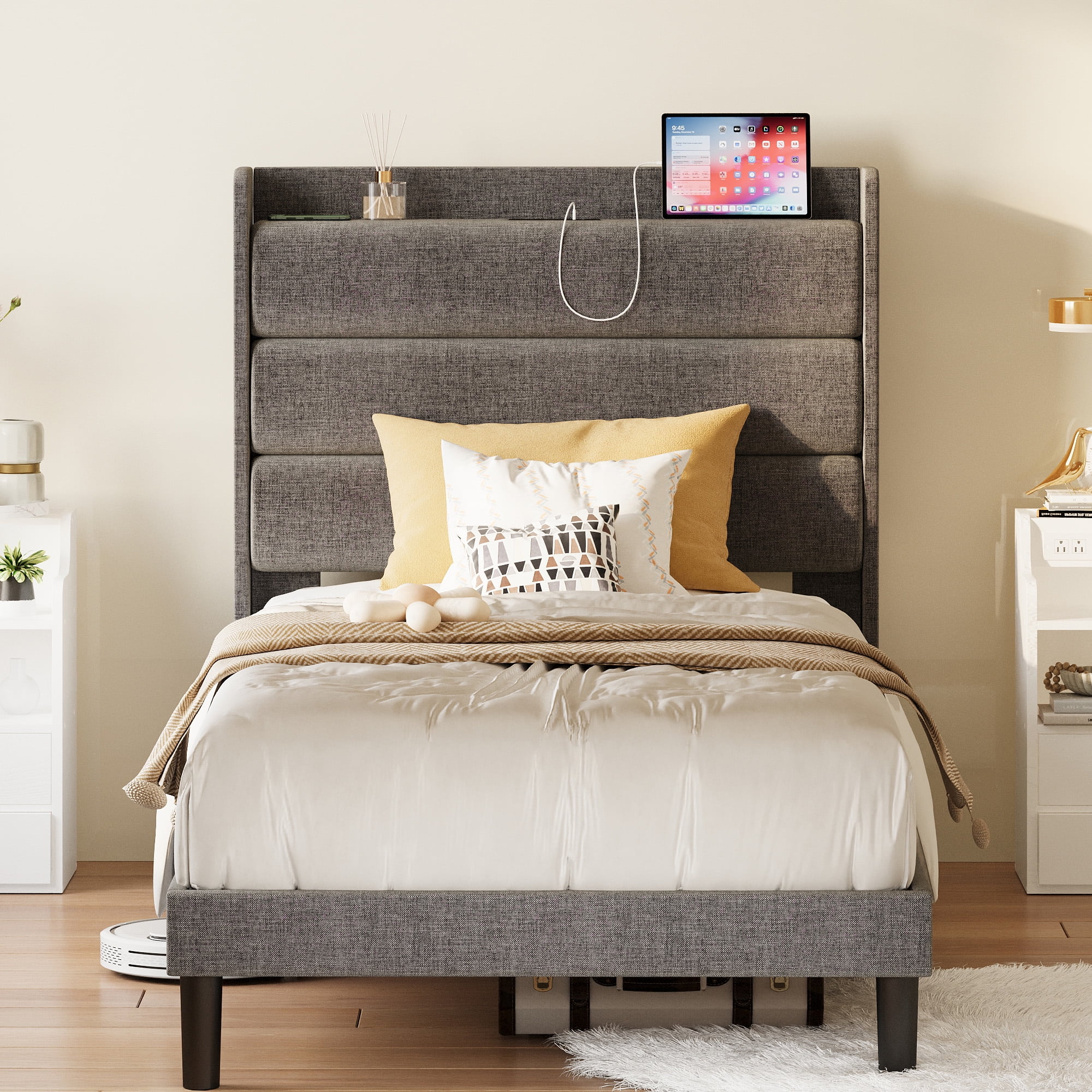 LIKIMIO Twin XL Bed Frames, Storage Upholstered Headboard with Outlets