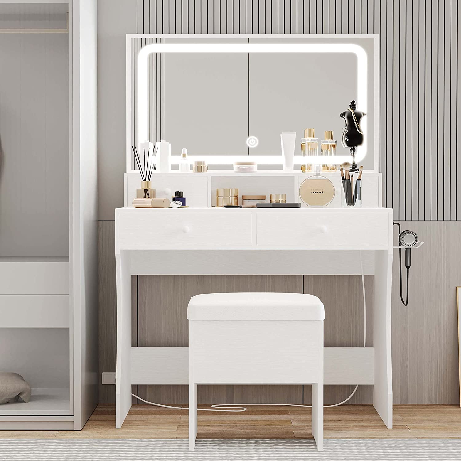  LIKIMIO Small Makeup Vanity Desk with Mirror and Lights, Vanity  Table Set with Storage Drawer & Chair & 3 Shelves, Bedroom, White : Home &  Kitchen