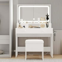 LIKIMIO Vanity Desk with LED Mirror, Bedroom Makeup Table with 4 Drawers, Storage Stool, White