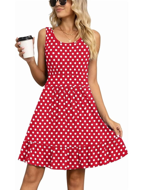 Women's U-Neck Casual Sundresses for Women Casual Beach Party Pleated Ruffle Hem Tank Dress(F Red Polka Dot, Large)