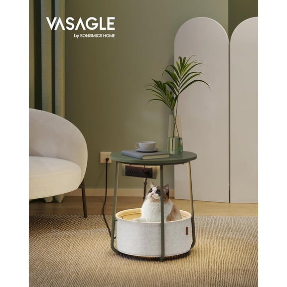 LILEA Collection - Side Table with Charging Station, Round End Table with Fabric Basket, LED Nightstand with USB Ports, Modern, for Living Room, Forest Green and Cream White ULET227C01