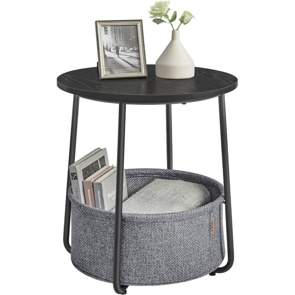 LILEA Collection - Small Round Side End Table, Modern Nightstand with Fabric Basket, Ebony Black and Slate Gray ULET223B01
