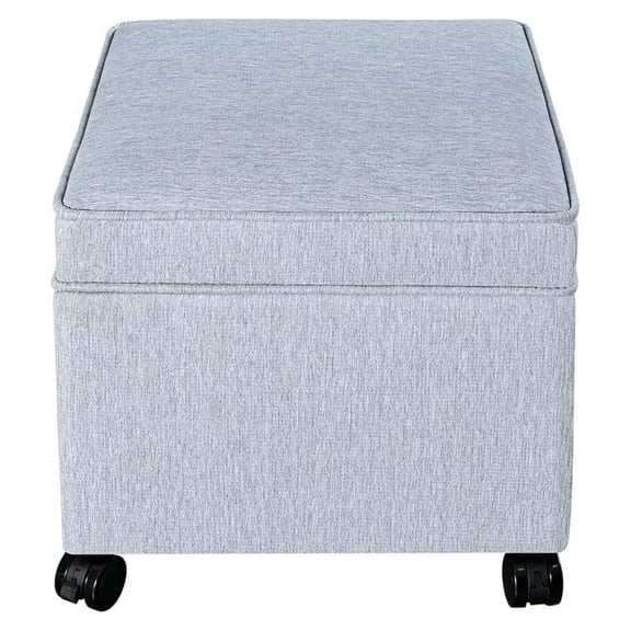 LILEYI 17.5" Square Fabric Ottoman with Storage, Upholstered Cotton Linen Foot Rest, Flip Top Footstool, Small Cube Coffee Table Extra Seat for Living Room, Bedroom, Ice Blue with Rolling Legs