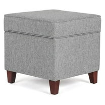 LILEYI 17" Square Ottoman with Storage, Small Blue Storage Ottoman Foot Rest with Hinged Lid & Solid Wood Legs, Linen Fabric Foot Stool for Living Room & Bedroom