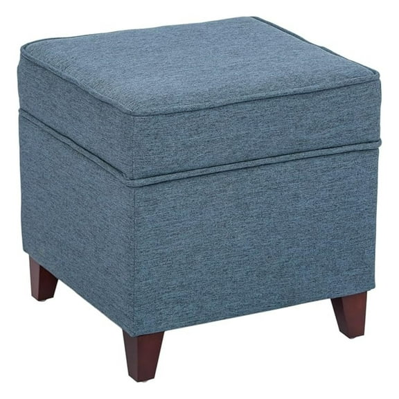LILEYI 17" Square Ottoman with Storage, Small Blue Storage Ottoman Foot Rest with Hinged Lid & Solid Wood Legs, Linen Fabric Foot Stool for Living Room & Bedroom