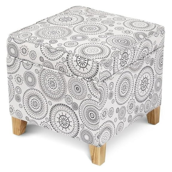 LILEYI 17" Square Ottoman with Storage, Small Mandala-Persian Flower Pattern Storage Ottoman Foot Rest with Hinged Lid & Solid Wood Legs, Linen Fabric Foot Stool for Living Room & Bedroom