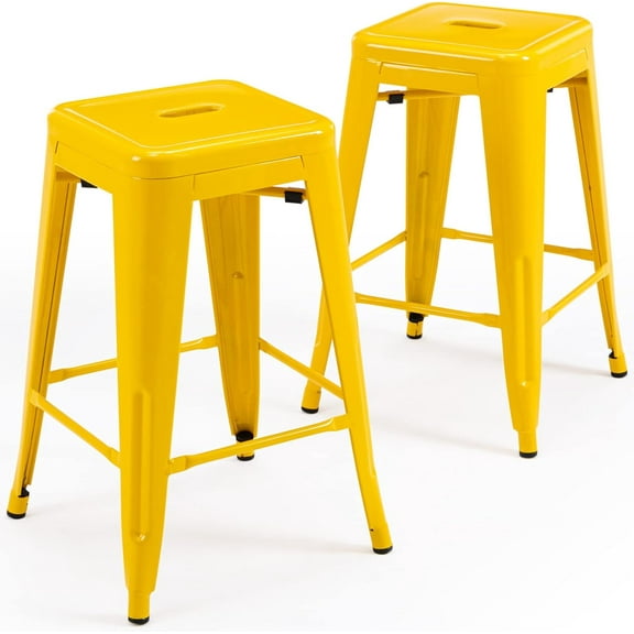 LILEYI   24 High Bar Stools Backless Yellow Metal Barstools Indoor-Outdoor Counter Height Stools with Square Seat, Set of 2 - VF1571019