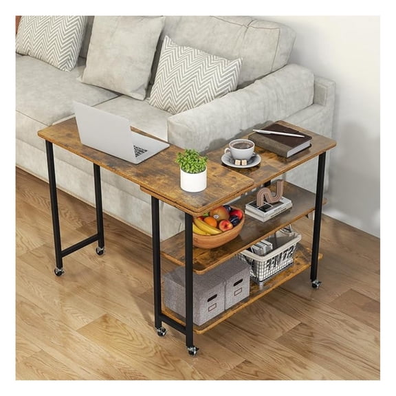LILEYI 360° Rotating Sofa Side Table, Patented Mobile End Table with 2-Tier Storage Shelves, Swivel Rolling Desk with 6 Lockable Casters, Metal Frame, Movable Laptop Table Couch Snack Table for Home