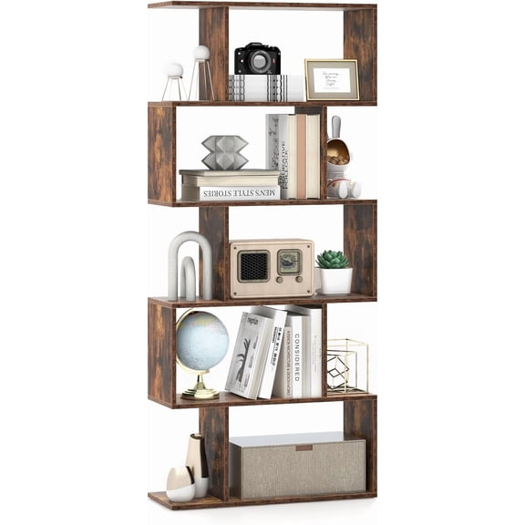 LILEYI 5-Tier Geometric Bookshelf, 62.5 Tall Wood Industrial S-Shaped Bookcase with Anti-Tipping Device, Floor Standing Display Shelf for Bedroom, Living Room, Study, Rustic Brown