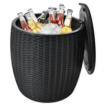 LILEYI 9.5 Gallon Ice Cooler, Wicker Round Ice Chest, Outdoor Beer Wine Ice Bucket, Top Lid Side Handles Drainage Plug, Weather-resistant Patio Cool Bar Table for Cocktail Party Poolside Deck