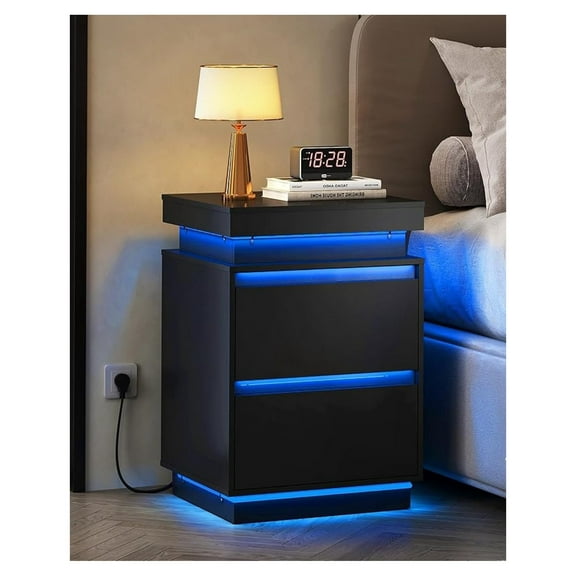 LILEYI Black Nightstand with Charging Station and LED Lights, Bedside Table with 2 Wooden Drawers and Sliding Top, Modern End Table Side Table for Bedroom, Living Room, Office