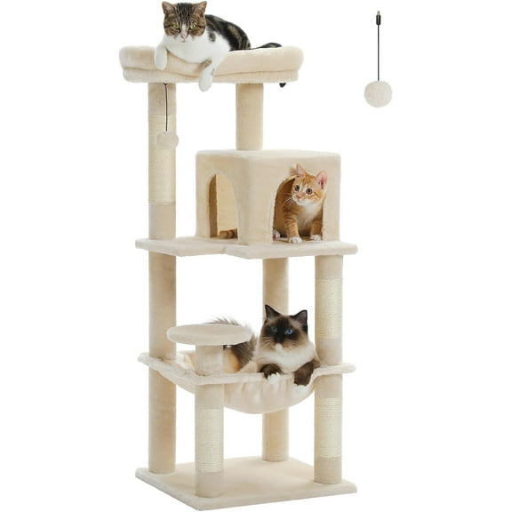 LILEYI Cat Tree for Indoor Cats, 45.7" Multi-Level Cat Tower with Large Metal Frame Hammock, Cat Condo with 4 Scratching Posts and Top Perch for Small Medium Cat, Beige