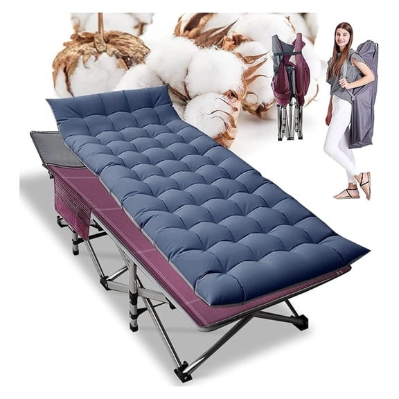 LILEYI Folding Camping Cot W/Mat for Adults, Heavy Duty Outdoor Bed with Carry Bag,1200 D Layer Oxford Travel Camp Cots (1, Red Stripe with Blue Pad)