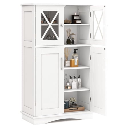 LILEYI Freestanding Floor Cabinet w/2 Glass Doors, 3-Level Adjustable Shelves, Anti-toppling, Kitchen Pantry Cupboard for Bathroom & Living Room (White)