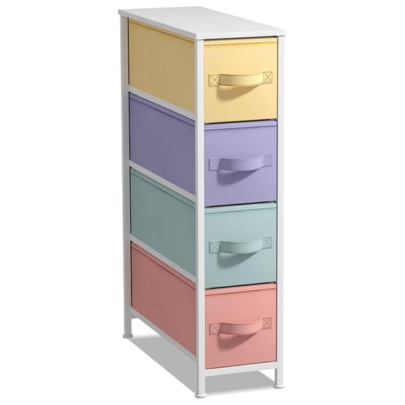 LILEYI Narrow Dresser with 4 Drawers - Vertical Slim Storage Chest of Drawers with Steel Frame, Wood Top & Easy Pull Fabric Bins for Small Spaces, Closets, Bedroom, Bathroom & Laundry