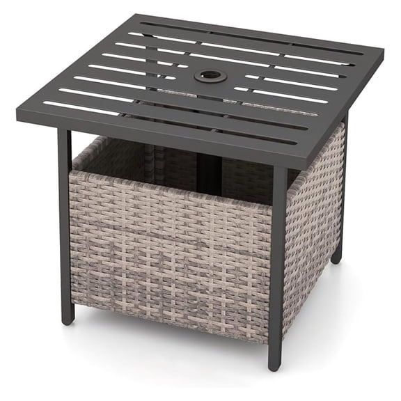 LILEYI Outdoor Side Table with Umbrella Hole, 22" Wicker Umbrella Table with Stand and Base, Weather-Resistant PE Rattan Patio End Table for Deck Garden Poolside (Metal Tabletop, Light Gray)