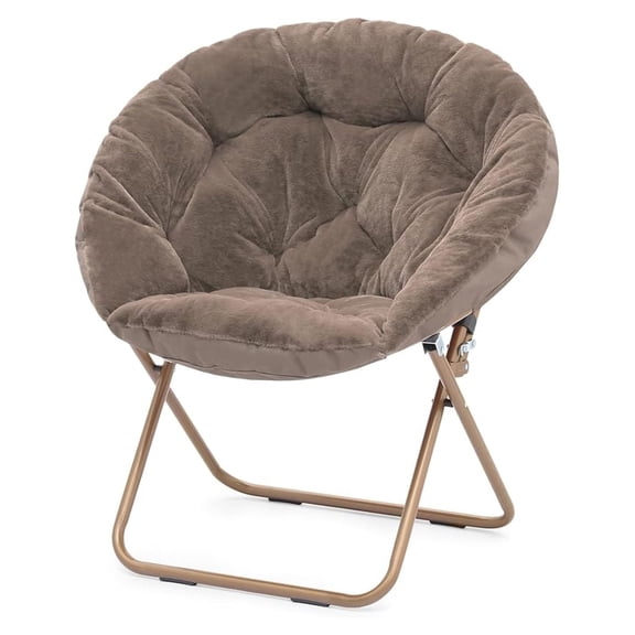 LILEYI Round Saucer Chair for Adults, Oversize Comfy Cozy Faux Fur Folding Reading Chair with Metal Leg Lazy Relaxing for Living Room Bedroom Dorm Apartment, Beige