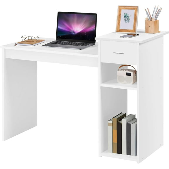 LILEYI Small White Computer Desk with Drawers and Printer Shelves, Wood Study Writing Table Compact PC Laptop Workstation for Small Space Home Office