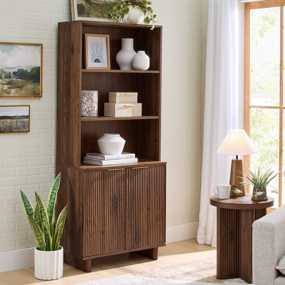 Better Homes & Gardens Lillian Fluted Bookcase with Doors, Walnut Finish