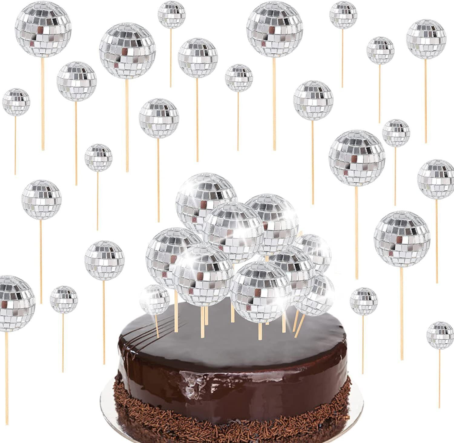 LILIANG 12 Pieces Disco Ball Cake Toppers Silver Disco Ball Cake ...